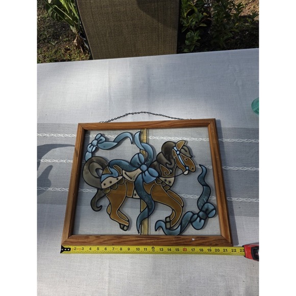 VTG Painted Glass Carousel Horses Window Panel Wood Frame‎ 22"x18" Hanging Art - Picture 8 of 11